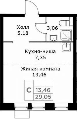 Планировка: Студия 29,1 м² в ЖК «КИТ»