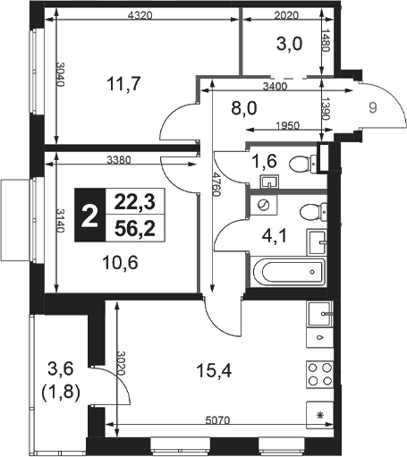 Планировка: Евротрёшка 54,4 м² в ЖК «1-й Ясеневский»