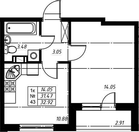 Планировка: Евродвушка 31,6 м² в ЖК «Огоньки»