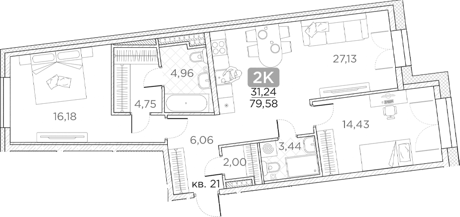 Планировка: Евротрёшка 79,6 м² в ЖК «Гильдия»
