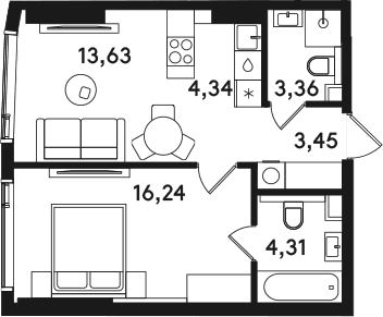 Планировка: Евродвушка 45,3 м² в ЖК «СОЛОС»