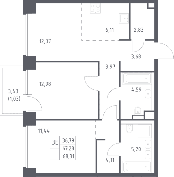 Планировка: Евротрёшка 67,3 м² в ЖК «НОВА»