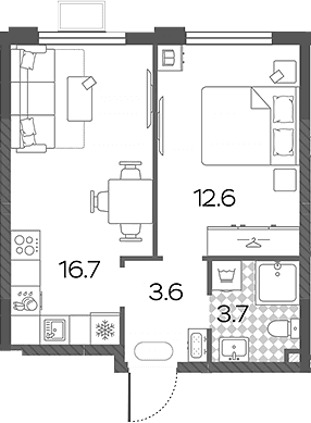 Планировка: Евродвушка 36,6 м² в ЖК «Лучи»