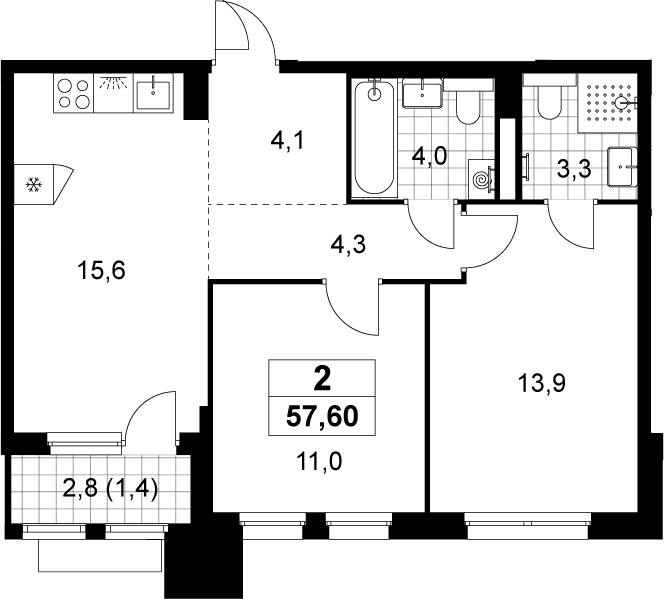 Планировка: 2-комнатная квартира 56,2 м² в ЖК «Деснаречье»