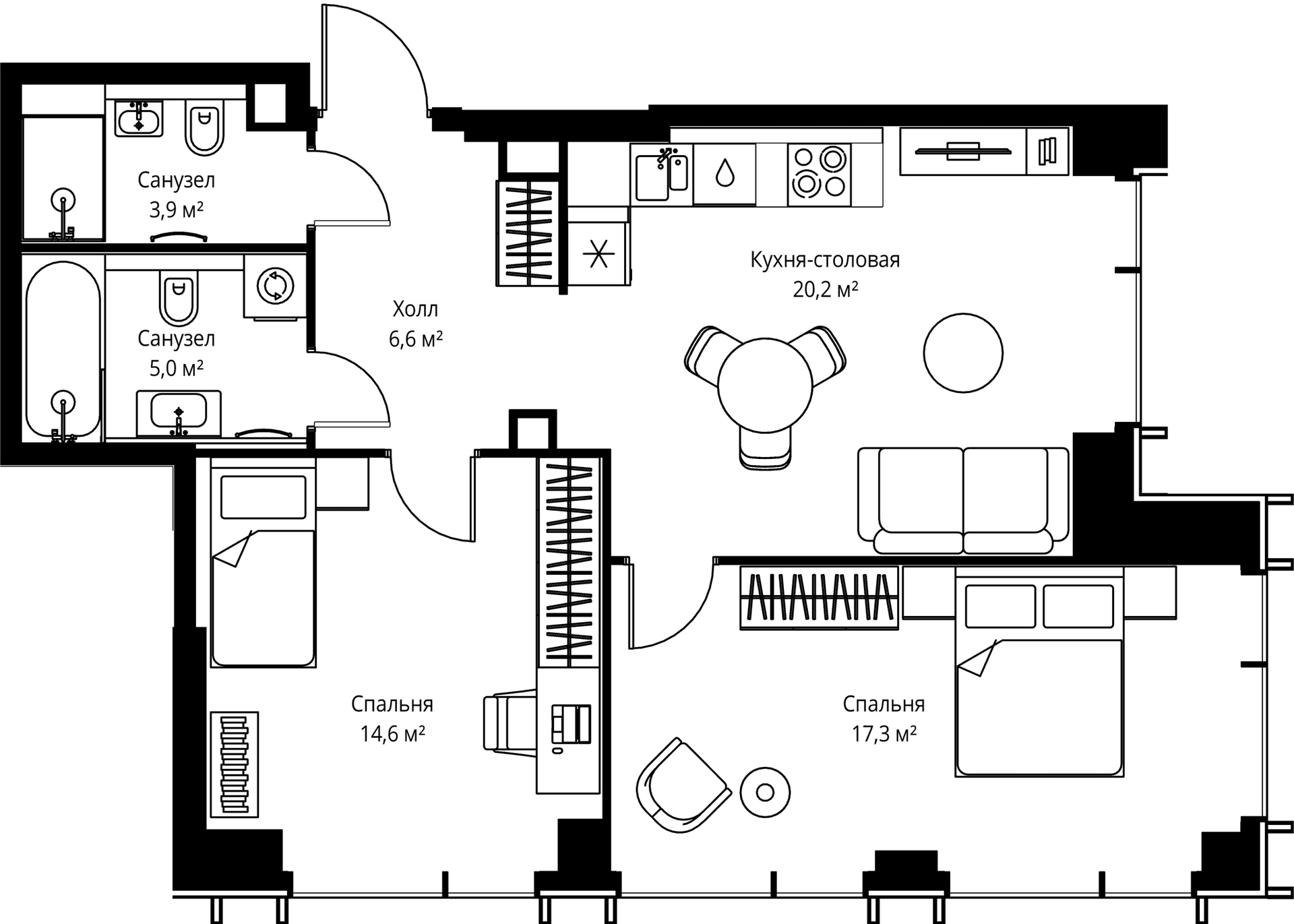 Планировка: Евротрёшка 67,6 м² в ЖК «Веер»
