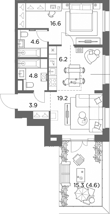 Планировка: Евродвушка 55,3 м² в ЖК «Станиславский»