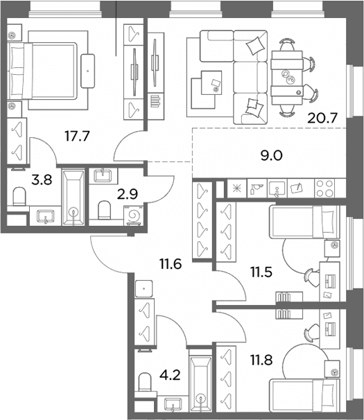 Планировка: Квартира евро-4 93,2 м² в ЖК «Станиславский»