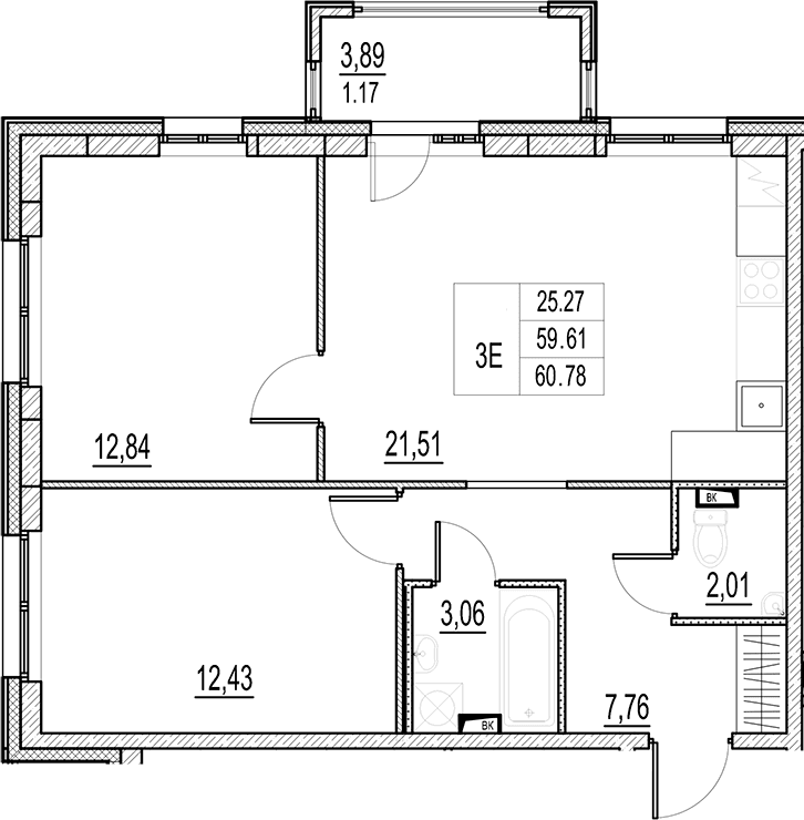 Планировка: Евротрёшка 59,6 м² в ЖК «Город-спутник Южный»