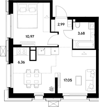 Планировка: Евродвушка 41,1 м² в ЖК «ЭВО»