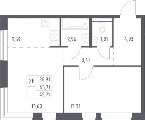 Планировка: Евродвушка 45,7 м² в ЖК «Новое Видное»