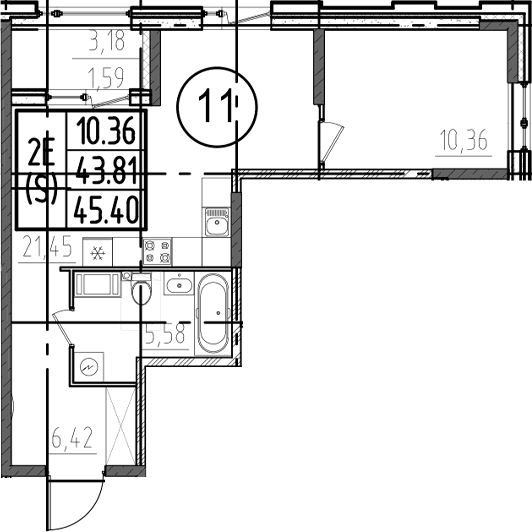 Планировка: Евродвушка 43,8 м² в ЖК «ОРО от Аквилон»