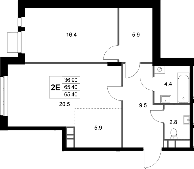 Планировка: Евродвушка 65,4 м² в ЖК «Легенда Марусино»