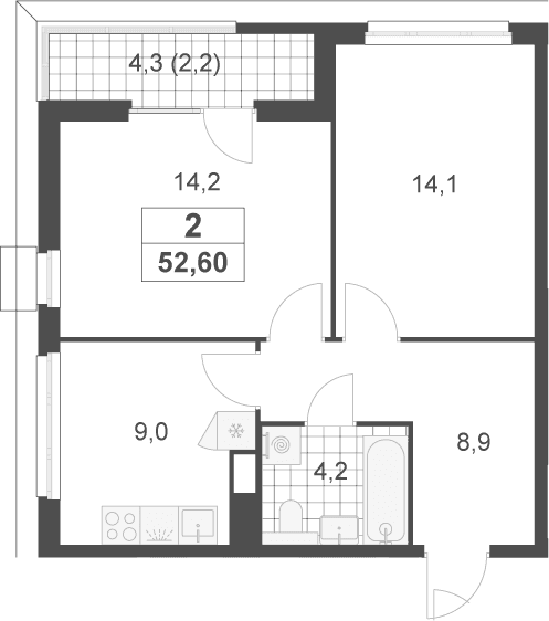 Планировка: 2-комнатная квартира 50,4 м² в ЖК «Скандинавия»