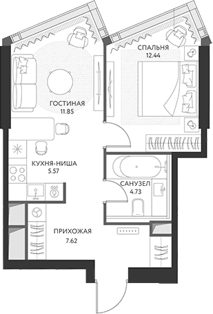 Планировка: Евродвушка 42,2 м² в ЖК «ХАЙДАУТ»