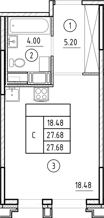 Планировка: Студия 27,7 м² в ЖК «Ассамблея»