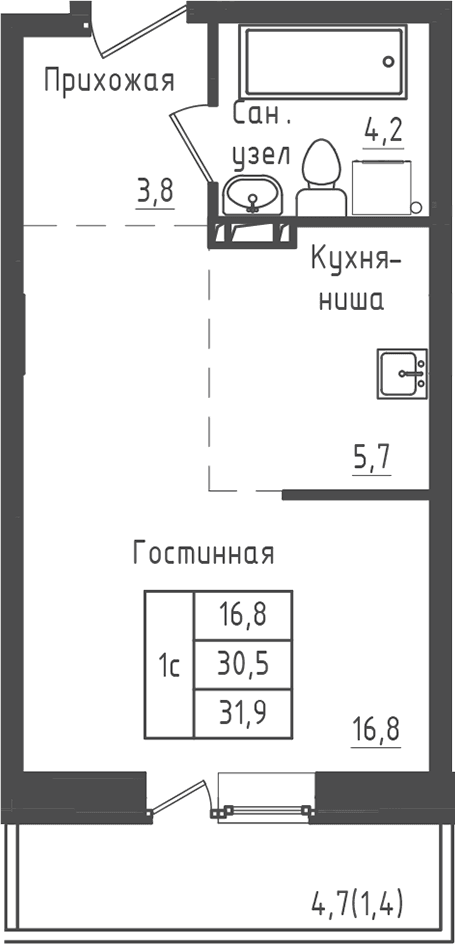 Планировка: Студия 30,5 м² в ЖК «Зеленый город»