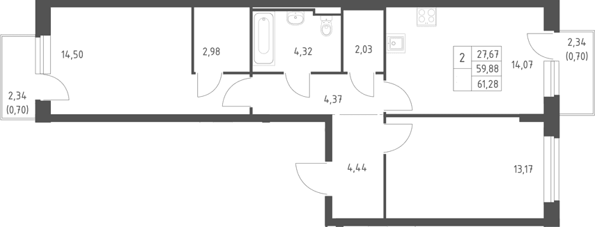 Планировка: 2-комнатная квартира 59,9 м² в ЖК «Горки Парк»