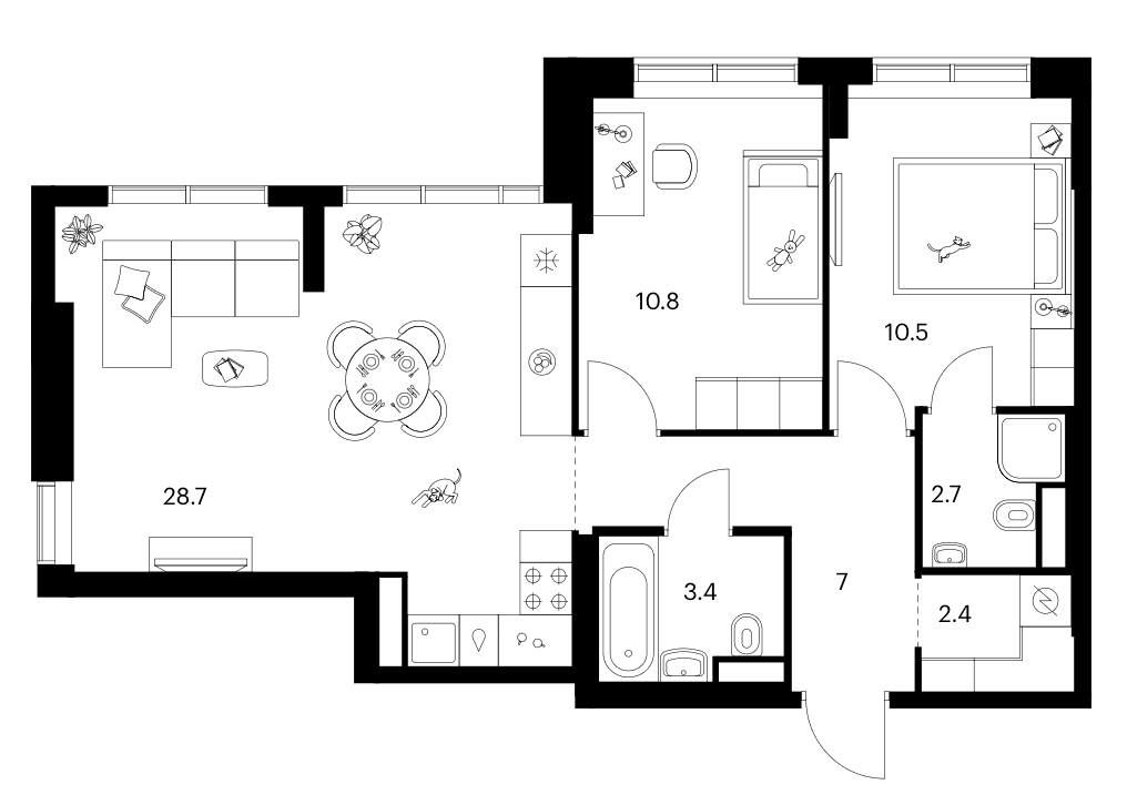 Планировка: 2-комнатная квартира 65,5 м² в ЖК «Бунинская набережная»
