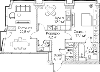 Планировка: 2-комнатная квартира 72,1 м² в ЖК «СЕЗАР БУДУЩЕЕ»