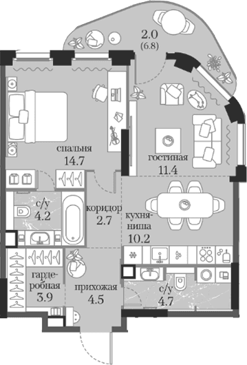Планировка: 1-комнатная квартира 56,3 м² в ЖК «Муза»