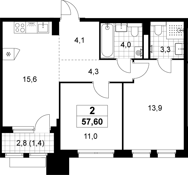 Планировка: 2-комнатная квартира 56,2 м² в ЖК «Деснаречье»