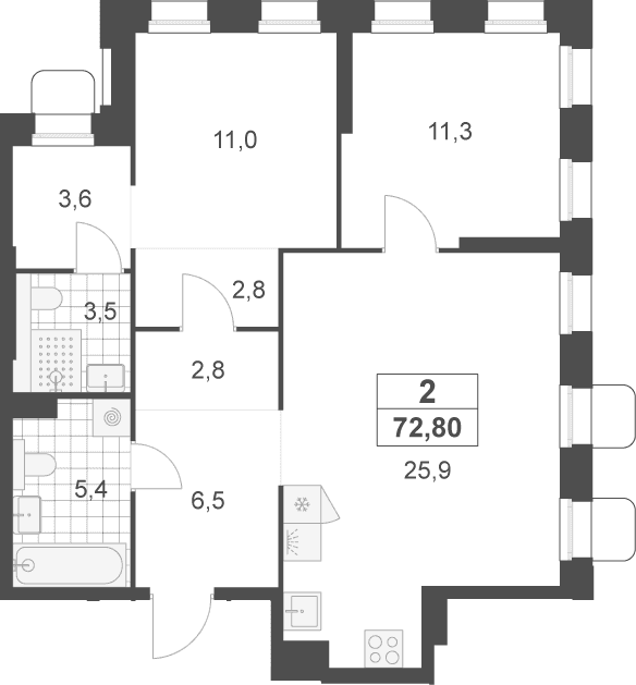 Планировка: Евротрёшка 72,8 м² в ЖК «Деснаречье»