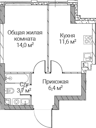 Планировка: 1-комнатная квартира 35,7 м² в ЖК «СЕЗАР СИЛИКА»