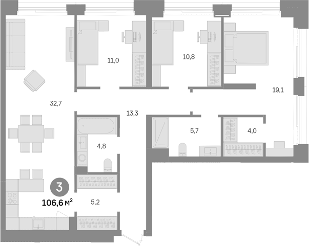 Планировка: 3-комнатная квартира 106,6 м² в ЖК «Квартал Издание»