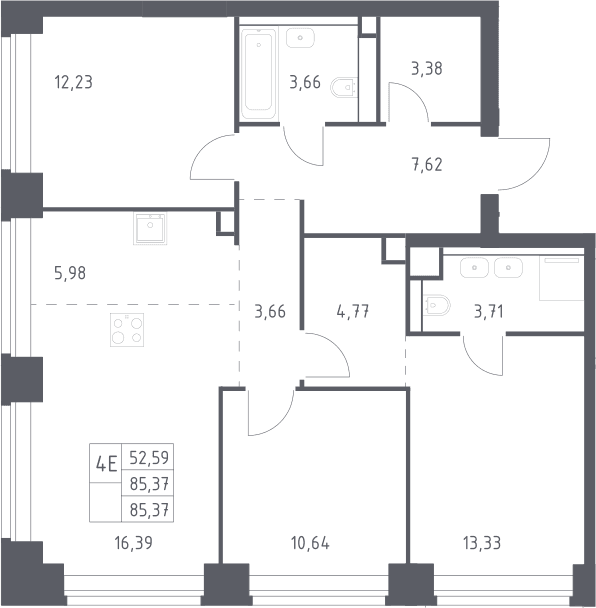 Планировка: Квартира евро-4 85,4 м² в ЖК «НОВА»