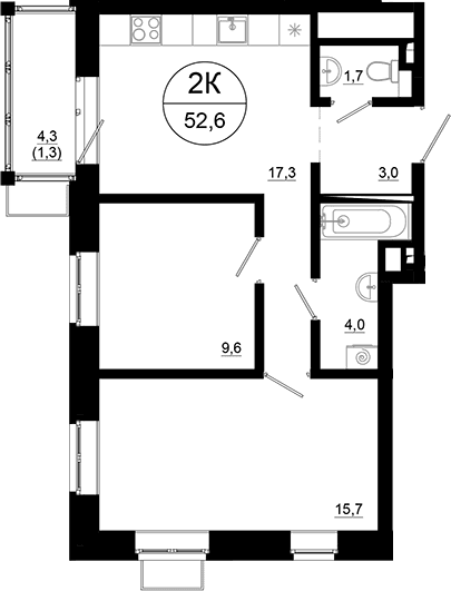 Планировка: 2-комнатная квартира 51,3 м² в ЖК «Союзный»