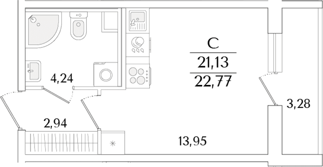 Планировка: Студия 21,1 м² в ЖК «Кинопарк»