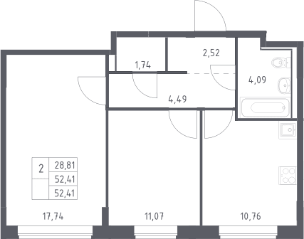 Планировка: 2-комнатная квартира 52,4 м² в ЖК «Прибрежный Парк»