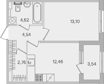 Планировка: 1-комнатная квартира 37,5 м² в ЖК «Дубровский»