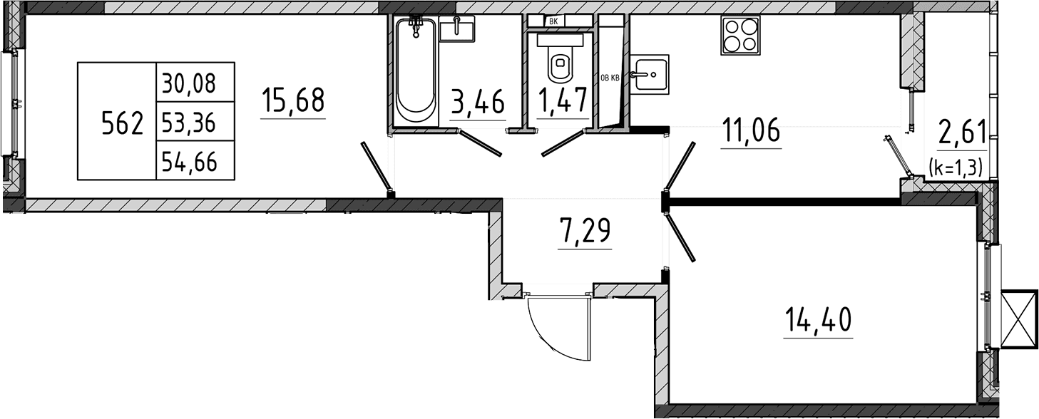 Планировка: 2-комнатная квартира 53,4 м² в ЖК «Поварово-Молодежный-2»