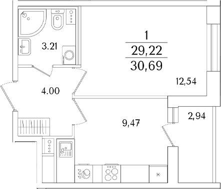 Планировка: 1-комнатная квартира 29,2 м² в ЖК «Кинопарк»