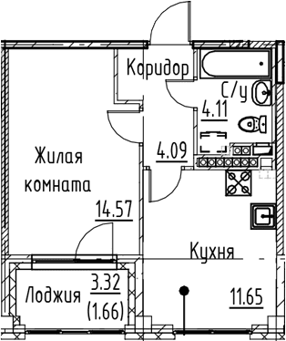 Планировка: 1-комнатная квартира 34,4 м² в ЖК «Кронфорт»