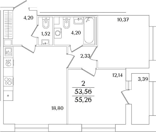 Планировка: 2-комнатная квартира 53,6 м² в ЖК «Аурум»