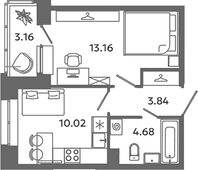 Планировка: 1-комнатная квартира 31,7 м² в ЖК «Загляденье»