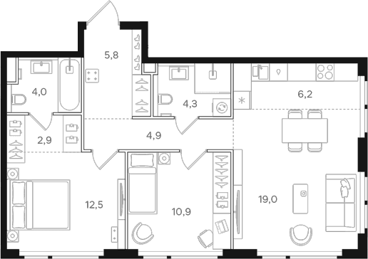 Планировка: Евротрёшка 70,7 м² в ЖК «НАЗАРЕ»