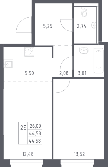 Планировка: Евродвушка 44,6 м² в ЖК «Пригород Лесное»