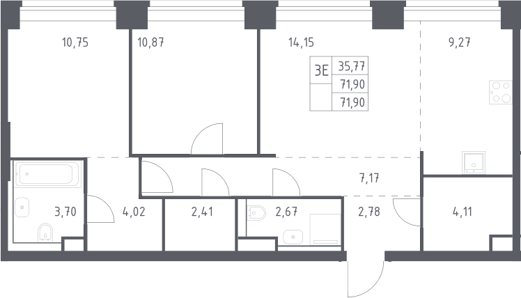 Планировка: Евротрёшка 71,9 м² в ЖК «НОВА»