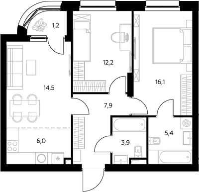 Планировка: Евротрёшка 66,6 м² в ЖК «Адмирал»