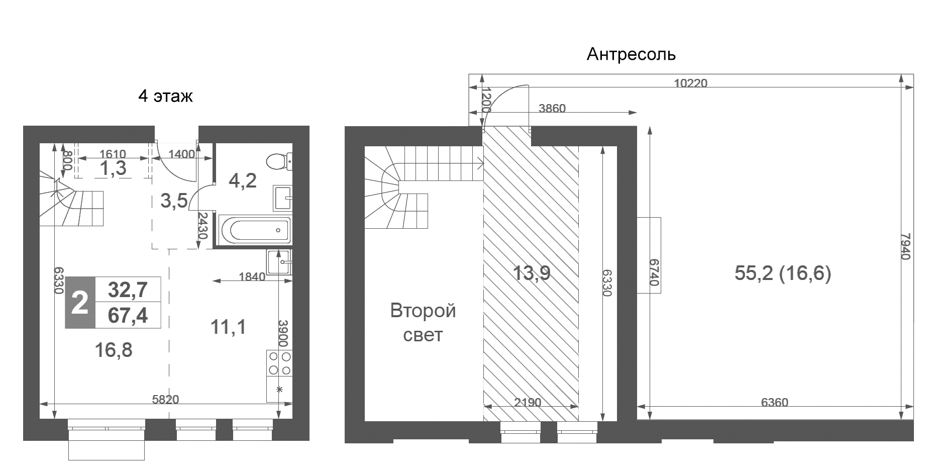 Планировка: Евродвушка 50,8 м² в ЖК «Дубровицы Клаб»