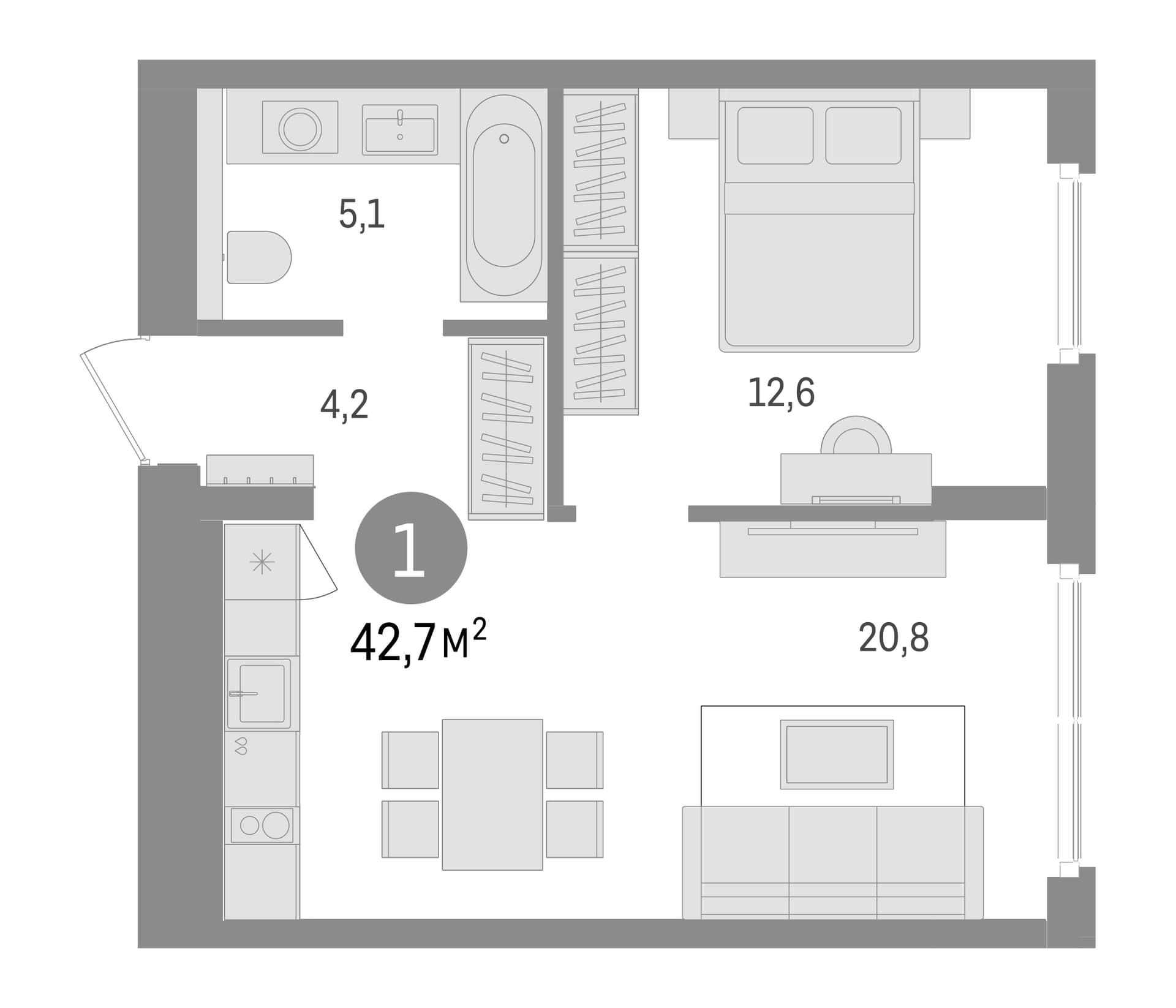 Планировка: Евродвушка 42,7 м² в ЖК «Брусника в Новоселье»