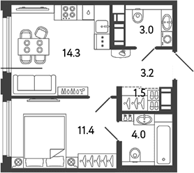 Планировка: 1-комнатная квартира 37,4 м² в ЖК «Гений»