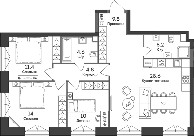 Планировка: Квартира евро-4 88,4 м² в ЖК «ЭРА»