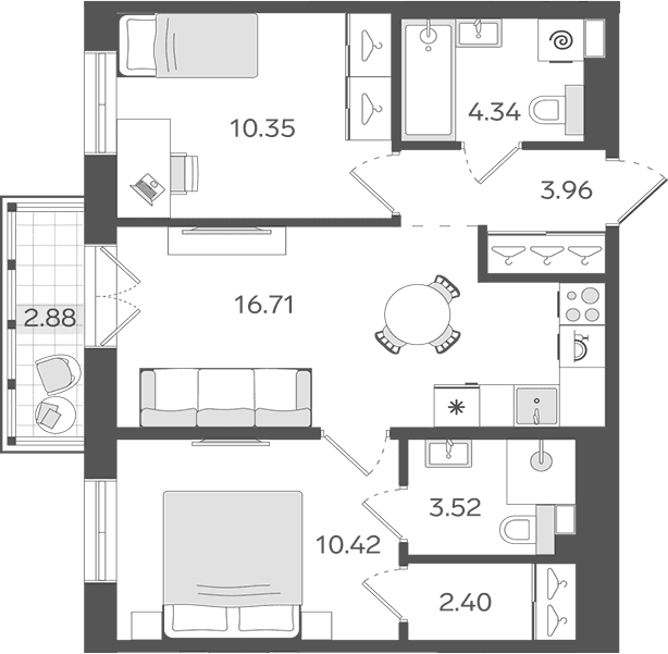 Планировка: Евротрёшка 51,7 м² в ЖК «СТАВНИ Обводный»