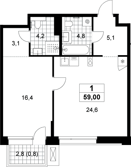 Планировка: Евродвушка 58,2 м² в ЖК «Хольм»