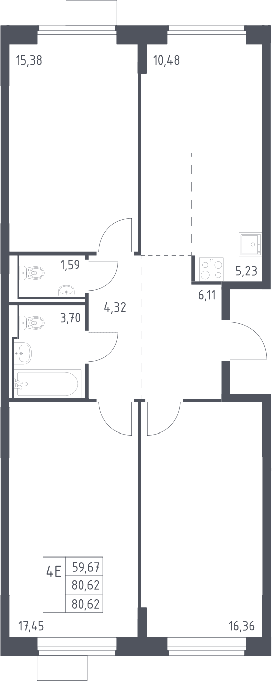 Планировка: Квартира евро-4 80,6 м² в ЖК «Молжаниново»