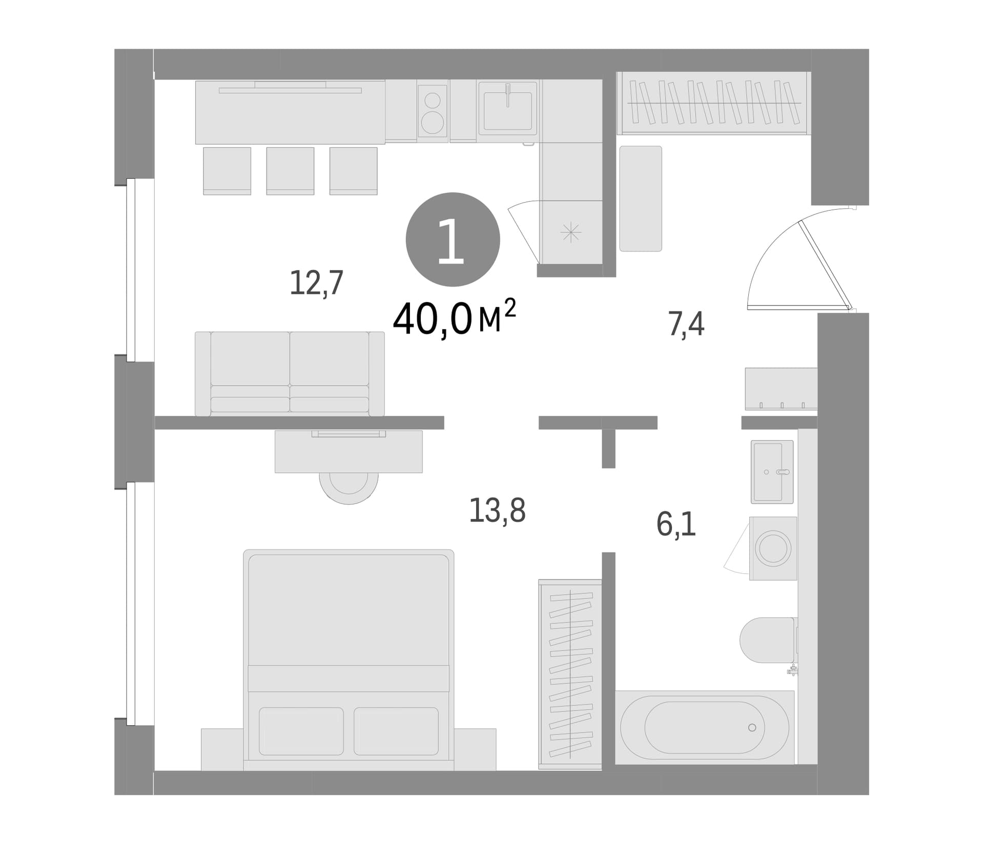 Планировка: 1-комнатная квартира 40 м² в ЖК «Северный ветер»